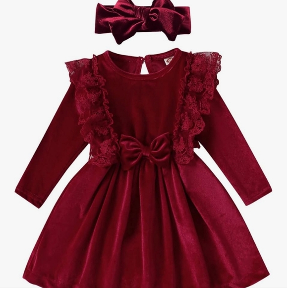 Source Unknown Other - Toddler Velvet Ruffle Long Sleeves Dress with Headband